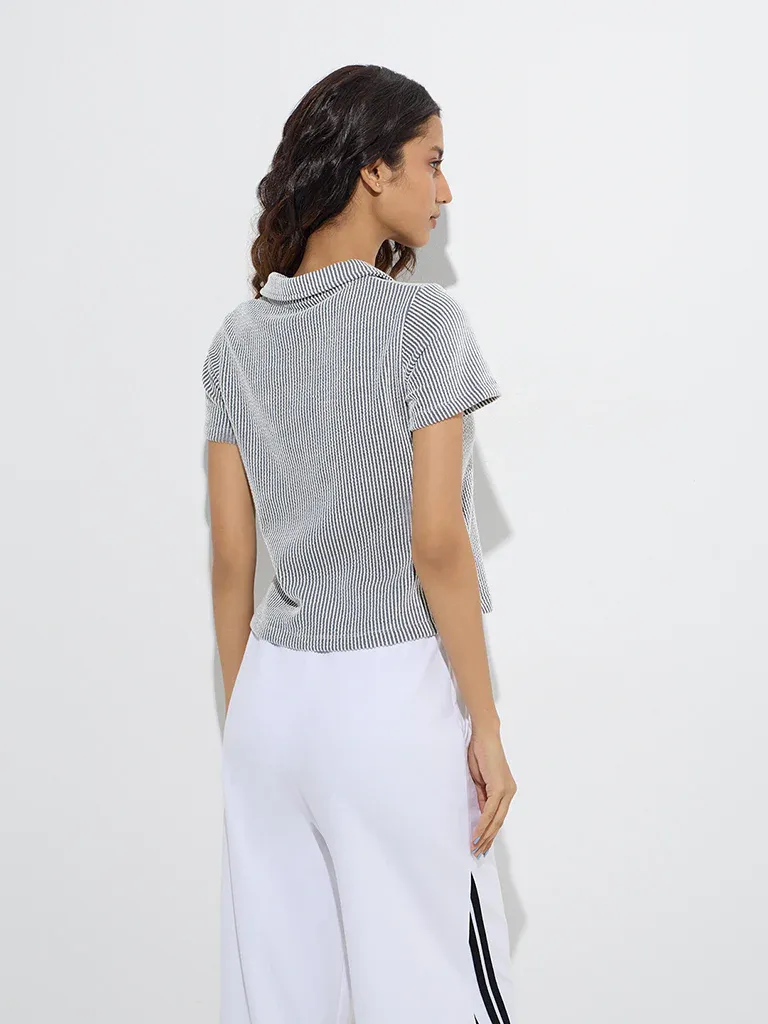 Women’s Navy & White Micro-Striped Polo Collar T-Shirt – Casual Sophistication Meets Everyday Comfort - Image 2