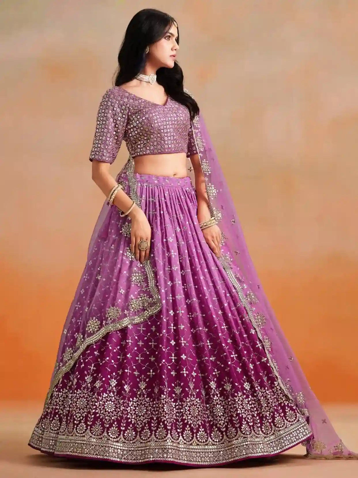 Bridal Rani Pink Ombre Georgette Lehenga Choli with Heavy Mirror & Sequin Work - Image 5