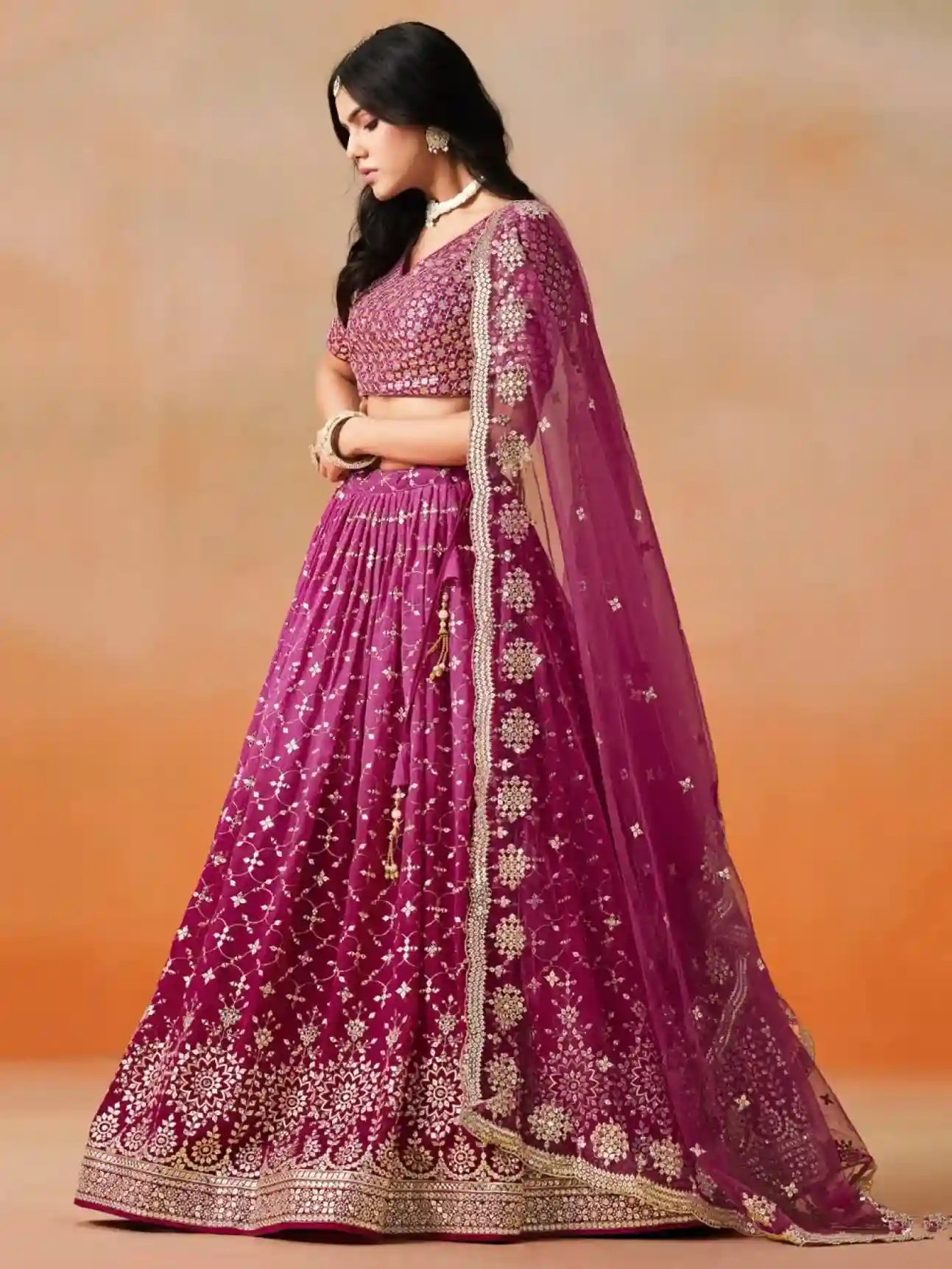 Ombre Red-Pink Georgette Lehenga Choli with Heavy Mirror & Sequin Embroidery - Image 2