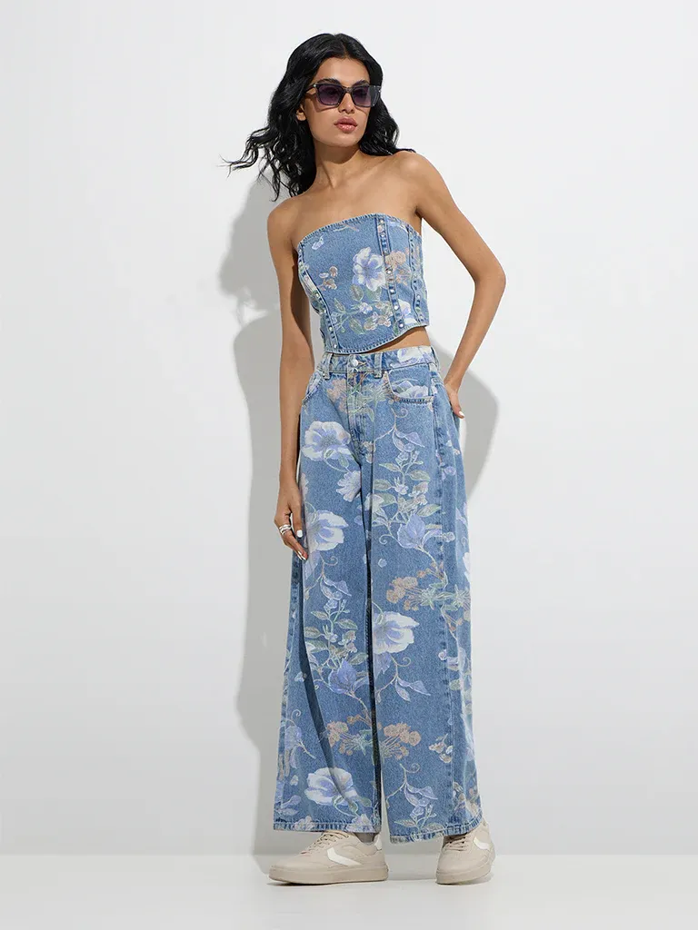 Denim Floral Co-ord Set – Strapless Corset Top & Wide-Leg Jeans - Image 2