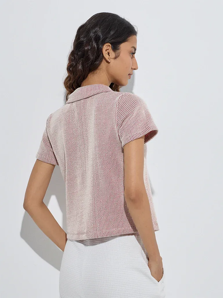 Women’s Maroon & Cream Micro-Striped Collared T-Shirt - Image 3