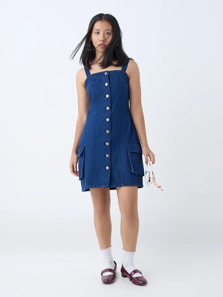 Dark Blue Denim Button-Down Mini Dress with Utility Pockets - Image 2