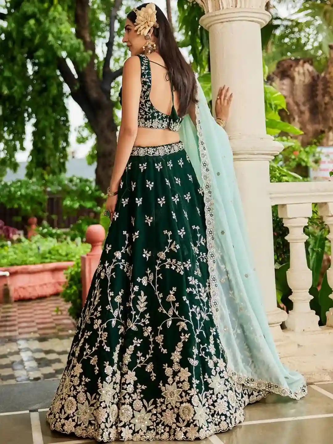 Emerald Green Organza Embroidered Lehenga Choli with Sky Blue Dupatta - Image 6