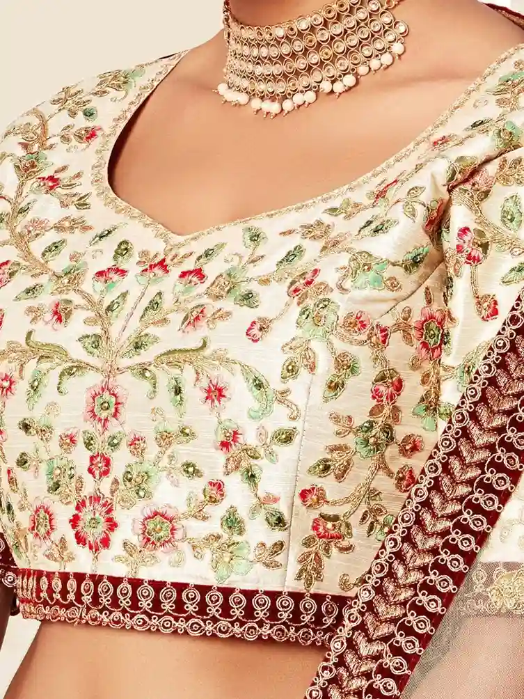 Off-White Embroidered Art Silk Lehenga Choli – A Blend of Grace and Grandeur - Image 3