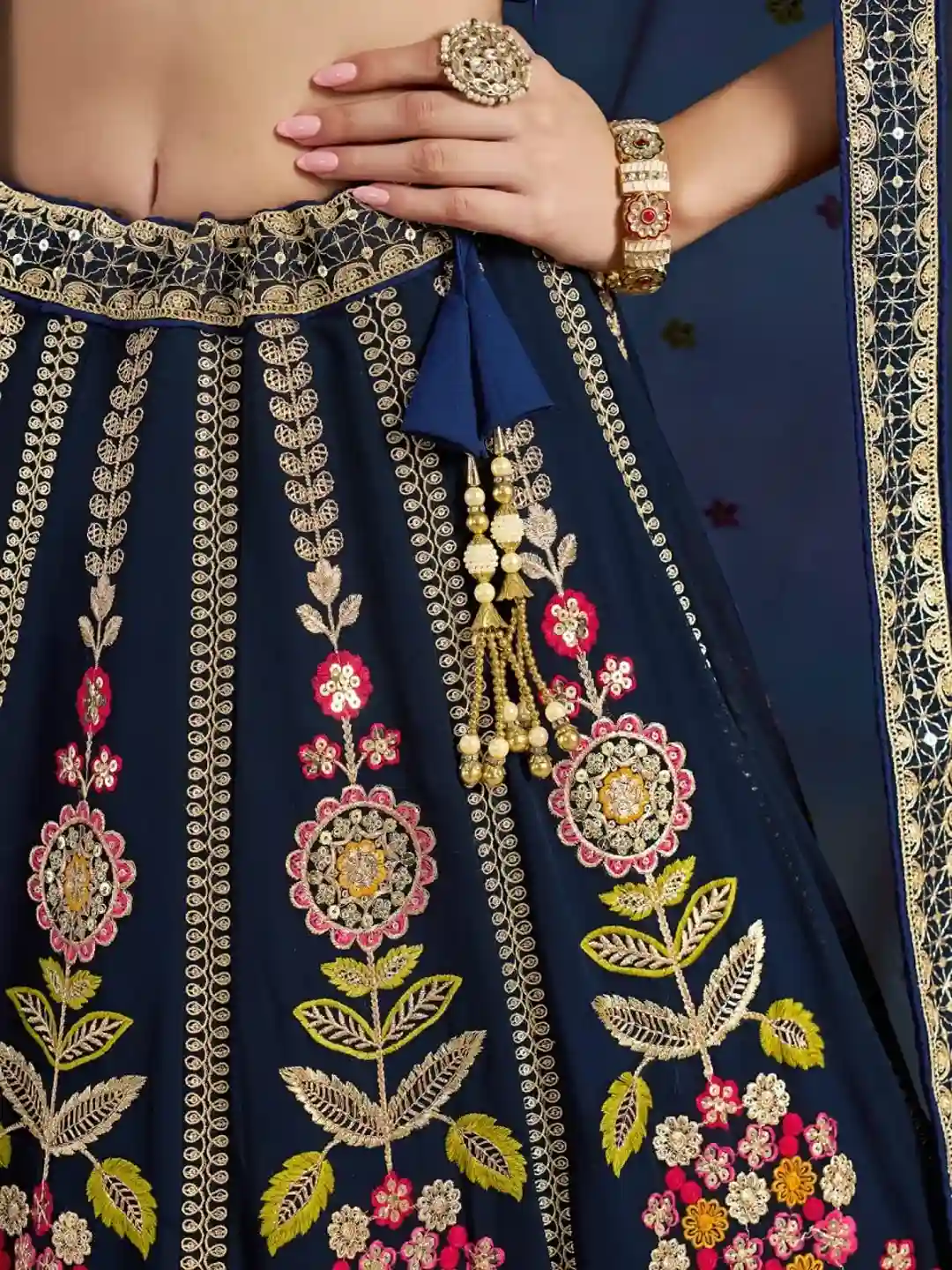 Royal Navy Blue Silk Bridal Lehenga Choli with Multicolor Floral Embroidery - Image 3