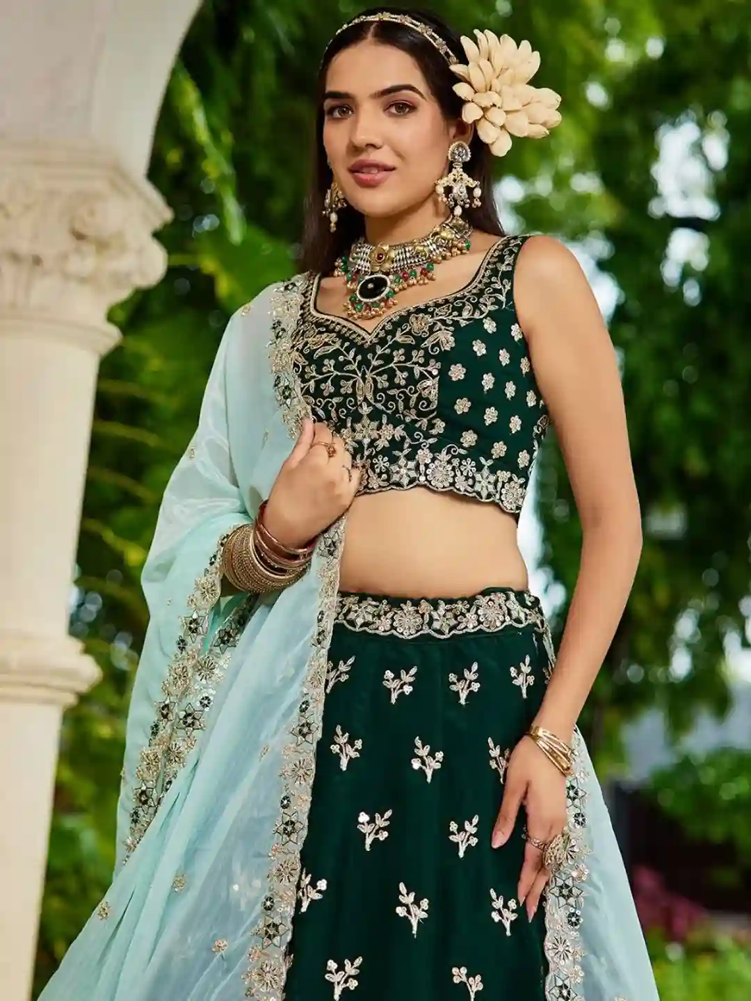 Emerald Green Organza Embroidered Lehenga Choli with Sky Blue Dupatta - Image 8
