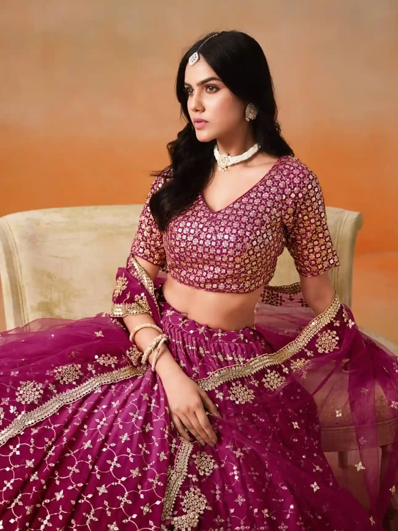 Ombre Red-Pink Georgette Lehenga Choli with Heavy Mirror & Sequin Embroidery - Image 4