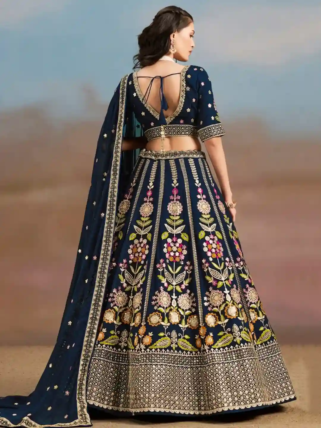 Royal Navy Blue Silk Bridal Lehenga Choli with Multicolor Floral Embroidery - Image 2