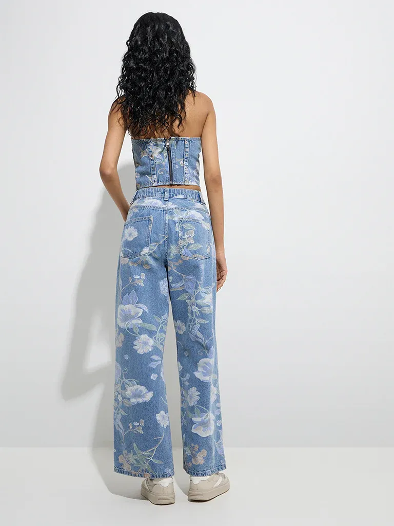 Denim Floral Co-ord Set – Strapless Corset Top & Wide-Leg Jeans - Image 4