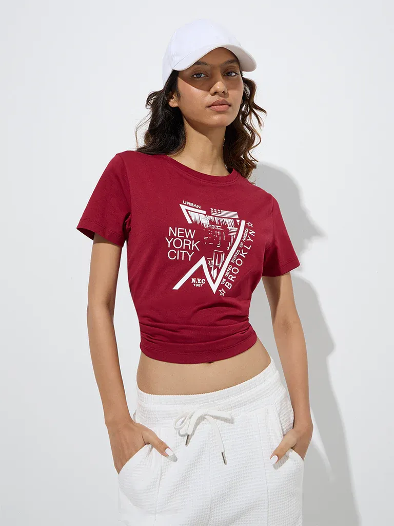 Women’s Maroon “New York City Brooklyn” Graphic Crop T-Shirt - Image 3