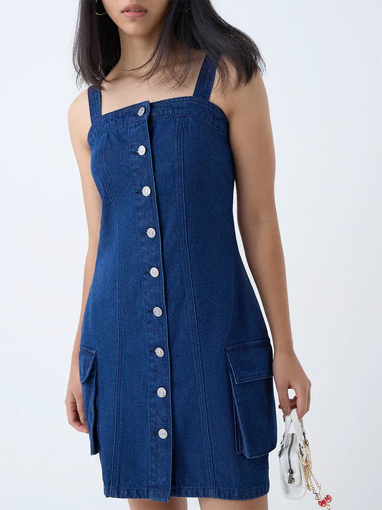 Dark Blue Denim Button-Down Mini Dress with Utility Pockets - Image 3