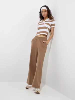 Women’s White & Brown Striped Asymmetrical Polo Cropped T-Shirt