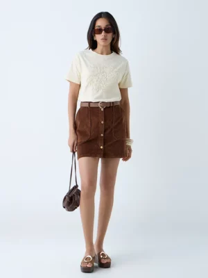 Women’s Butter Yellow Abstract Cord Embroidered T-Shirt