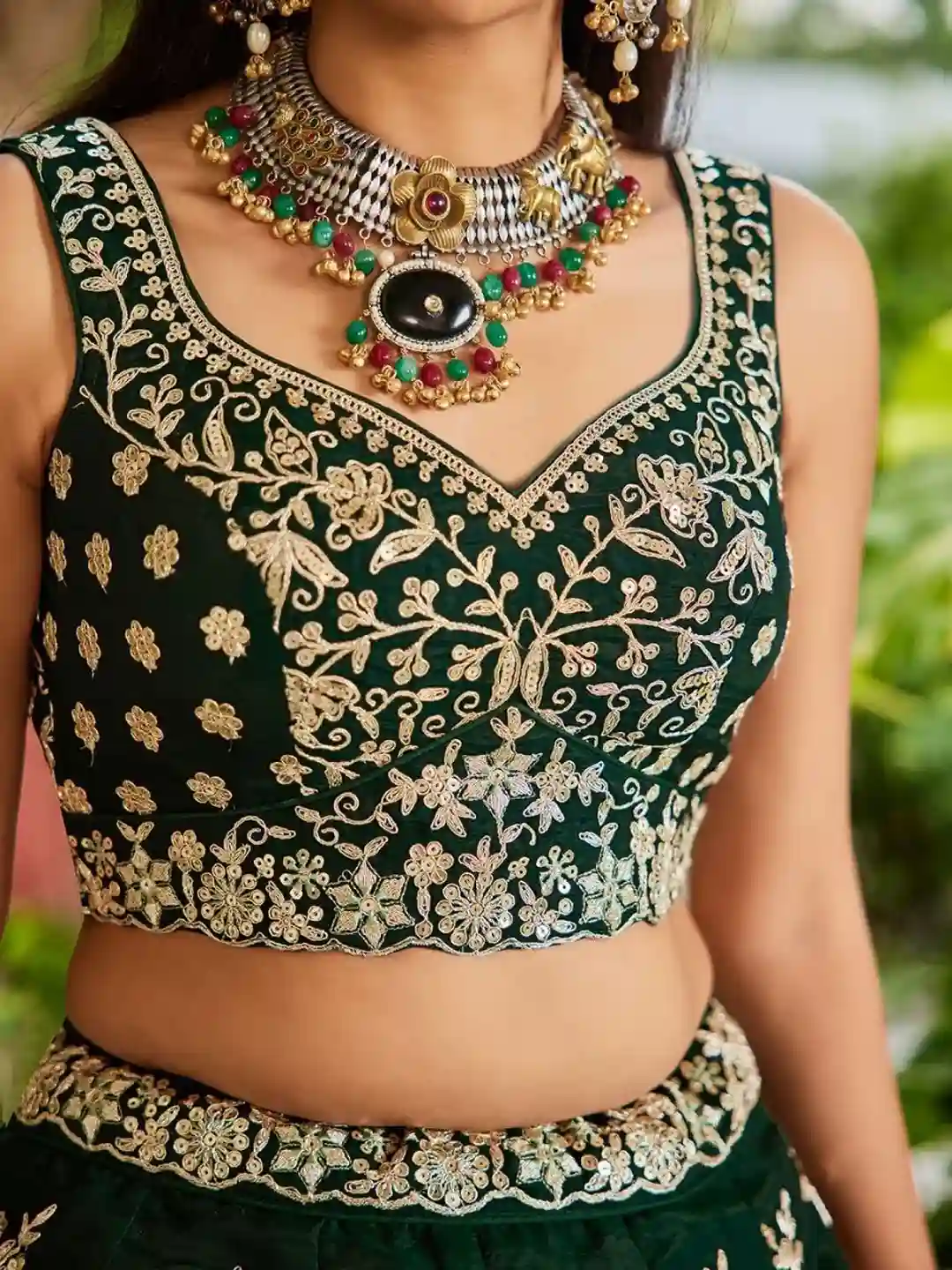 Emerald Green Organza Embroidered Lehenga Choli with Sky Blue Dupatta - Image 9