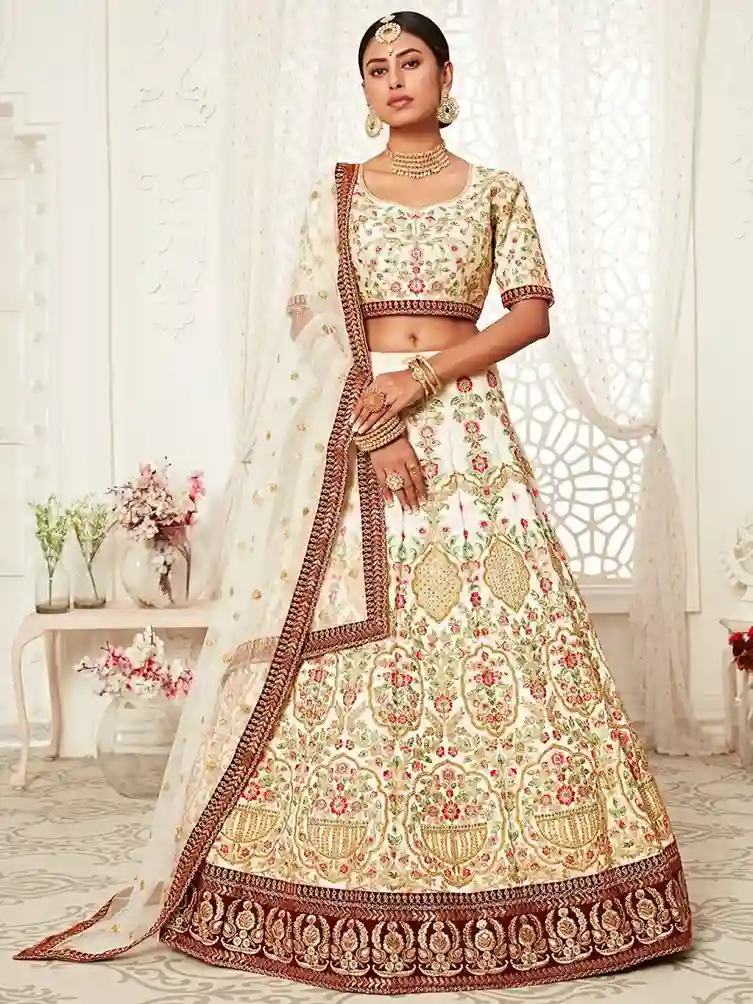Off-White Embroidered Art Silk Lehenga Choli – A Blend of Grace and Grandeur - Image 4