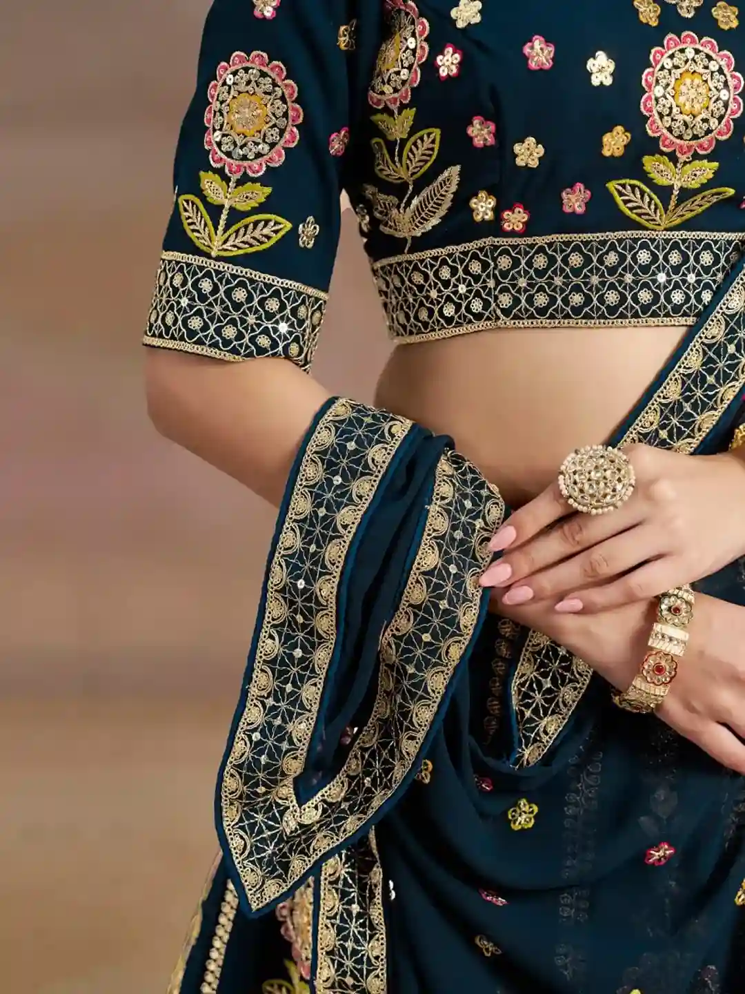 Royal Navy Blue Silk Bridal Lehenga Choli with Multicolor Floral Embroidery - Image 4