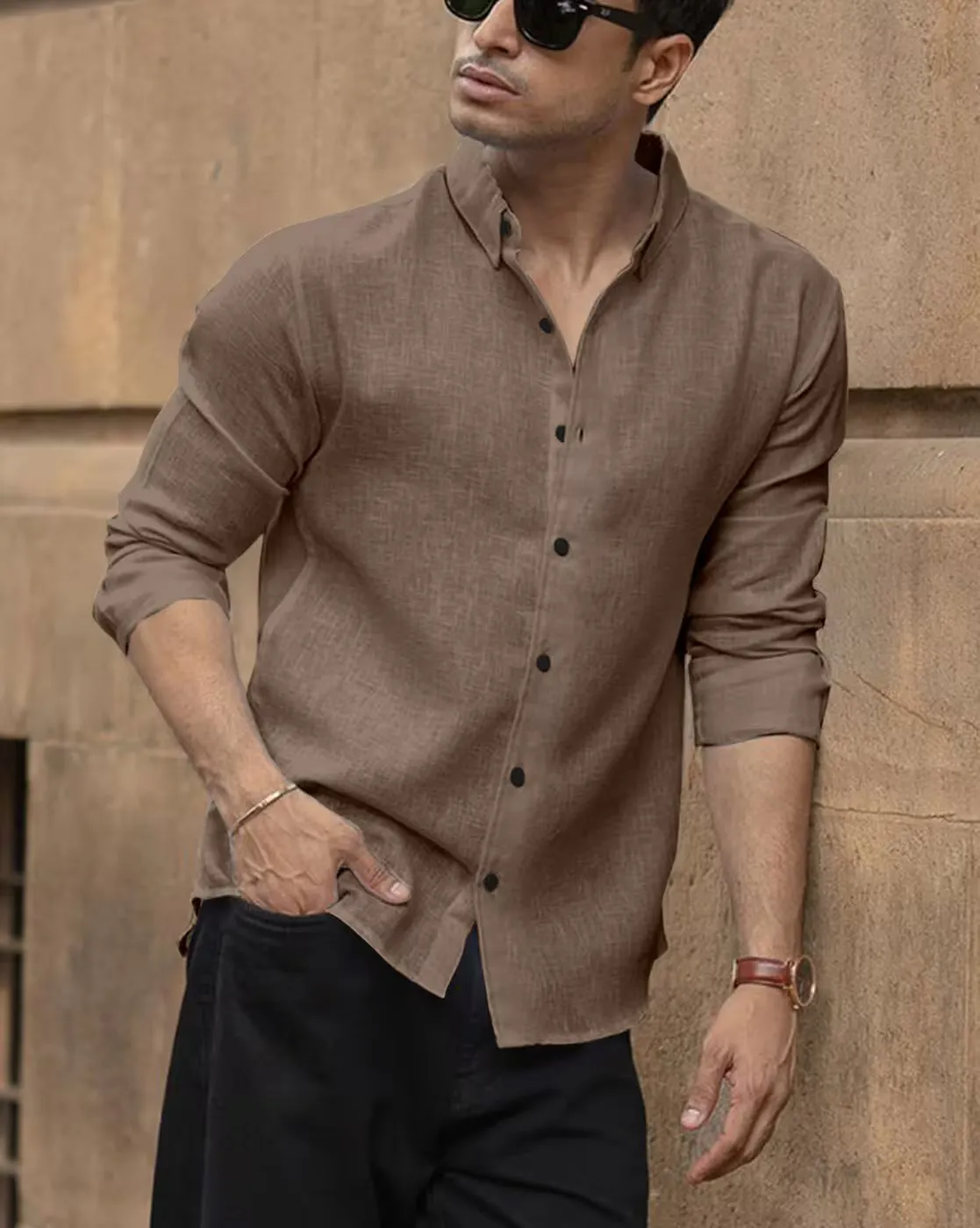 Coffee Brown Textured Slim Fit Casual Shirt – Effortless Urban Sophistication