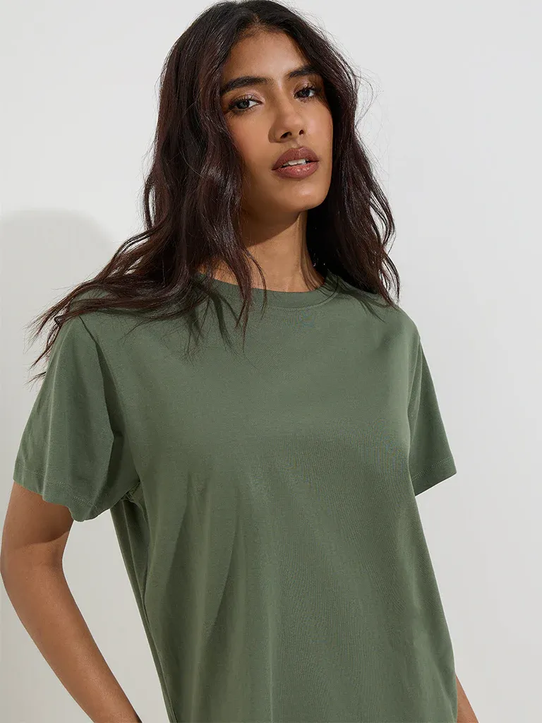 Women’s Olive Green Relaxed-Fit T-Shirt - Image 3