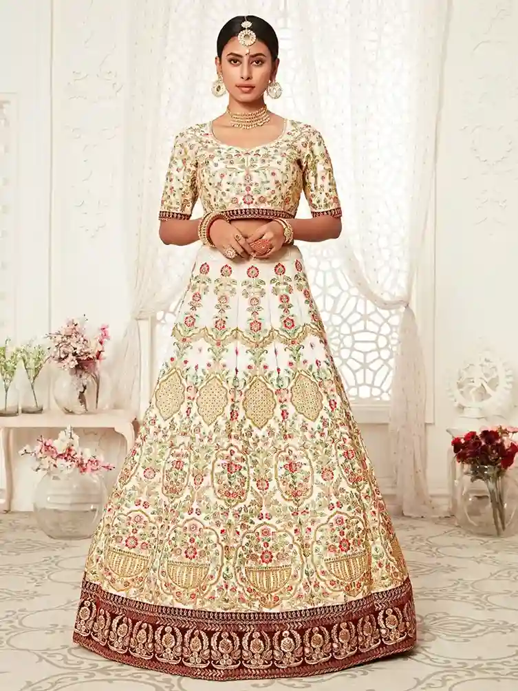 Off-White Embroidered Art Silk Lehenga Choli – A Blend of Grace and Grandeur - Image 5