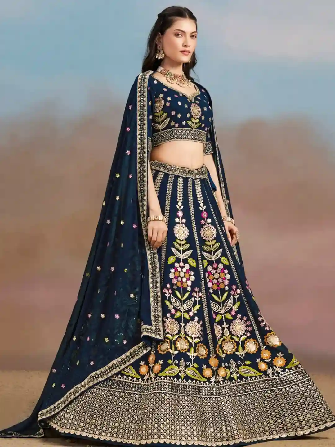 Royal Navy Blue Silk Bridal Lehenga Choli with Multicolor Floral Embroidery - Image 7