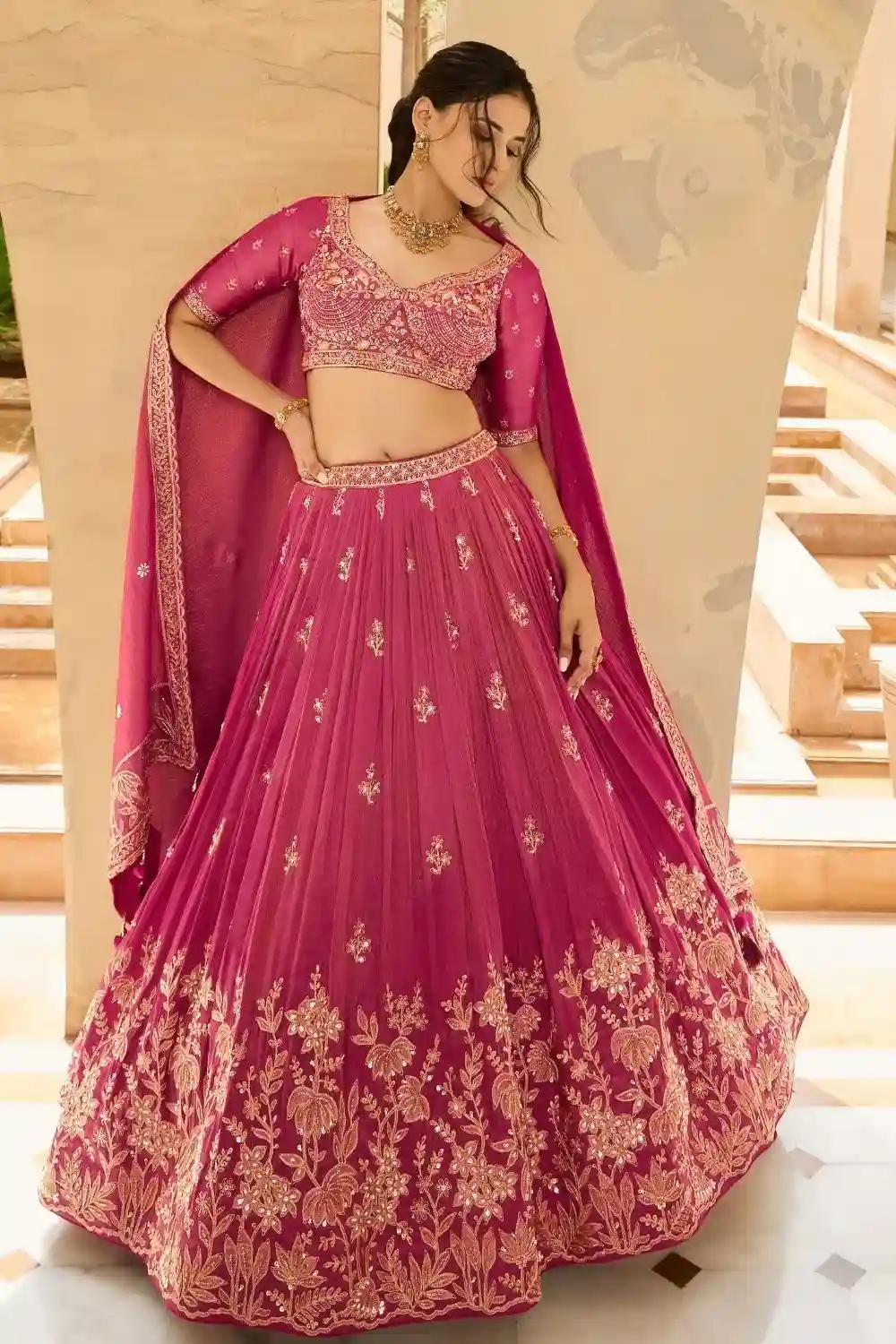 Majestic Rose Pink Embroidered Lehenga Choli – US Trend Couture Bridal Edition - Image 2