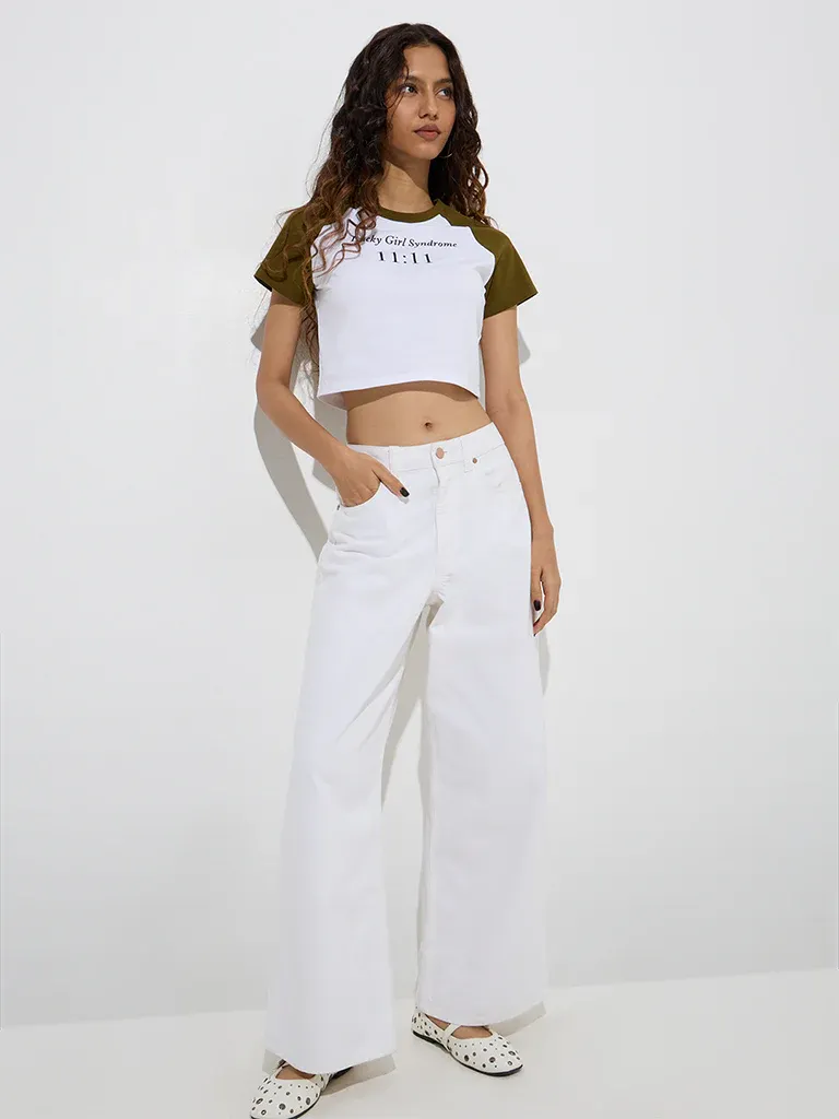 Women’s Lucky Girl Syndrome 11:11 White & Olive Raglan Cropped T-Shirt - Image 4