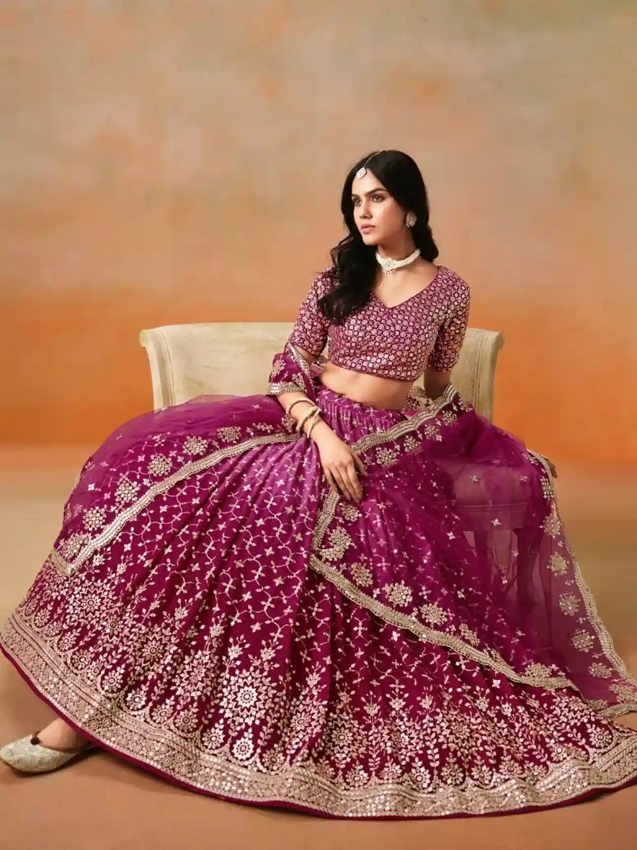 Ombre Red-Pink Georgette Lehenga Choli with Heavy Mirror & Sequin Embroidery