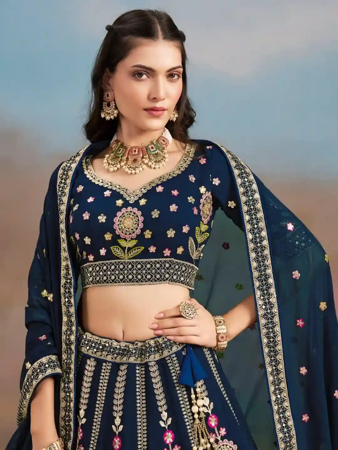 Royal Navy Blue Silk Bridal Lehenga Choli with Multicolor Floral Embroidery - Image 6