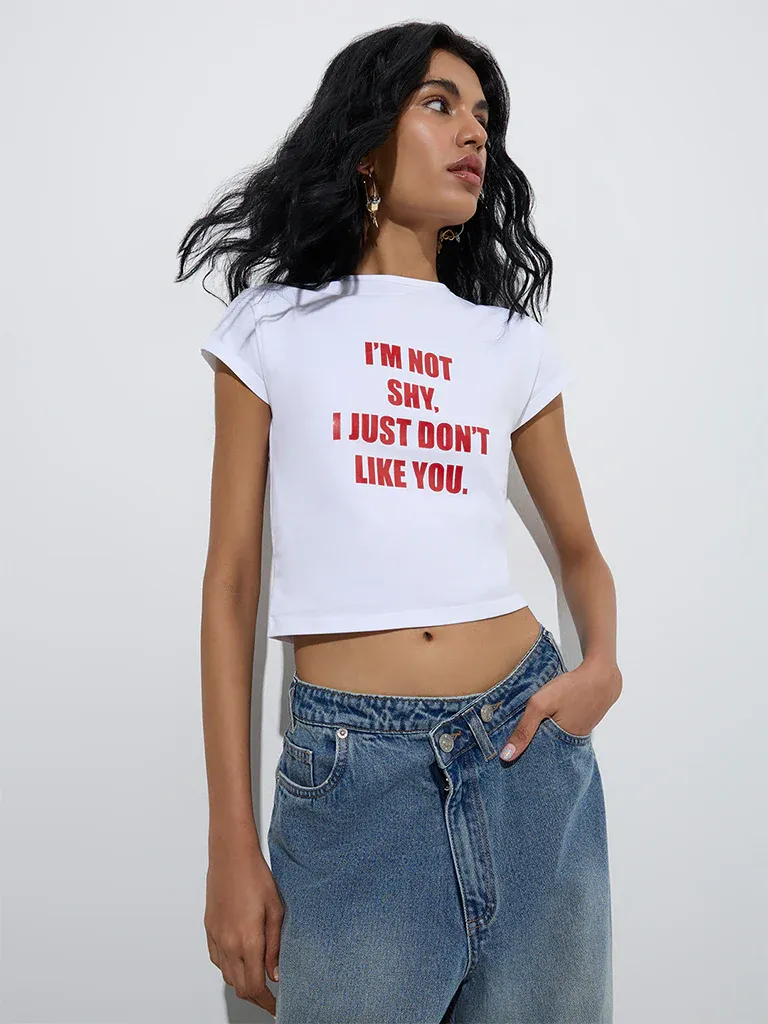 White Cropped Slogan T-Shirt for Women