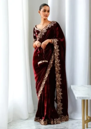 Maroon Velvet Saree with Gold Embroidery – Heritage Meets High Finance Elegance