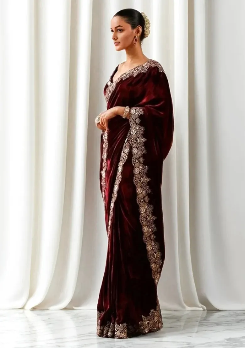 Maroon Velvet Saree with Gold Embroidery – Heritage Meets High Finance Elegance - Image 3
