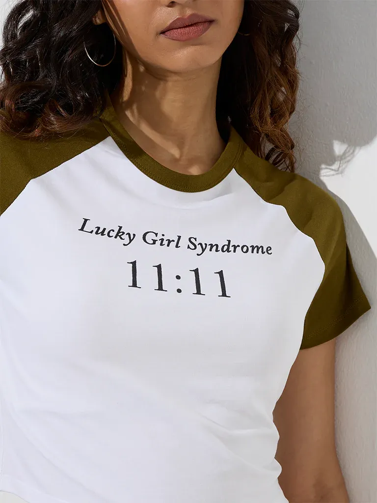 Women’s Lucky Girl Syndrome 11:11 White & Olive Raglan Cropped T-Shirt - Image 3