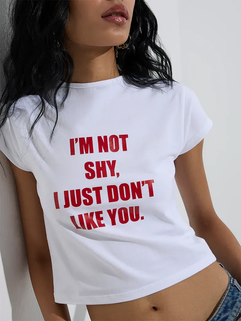 White Cropped Slogan T-Shirt for Women - Image 2