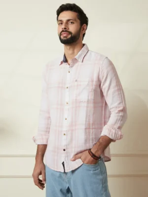 Men’s Soft Pink & White Checkered Casual Linen Shirt