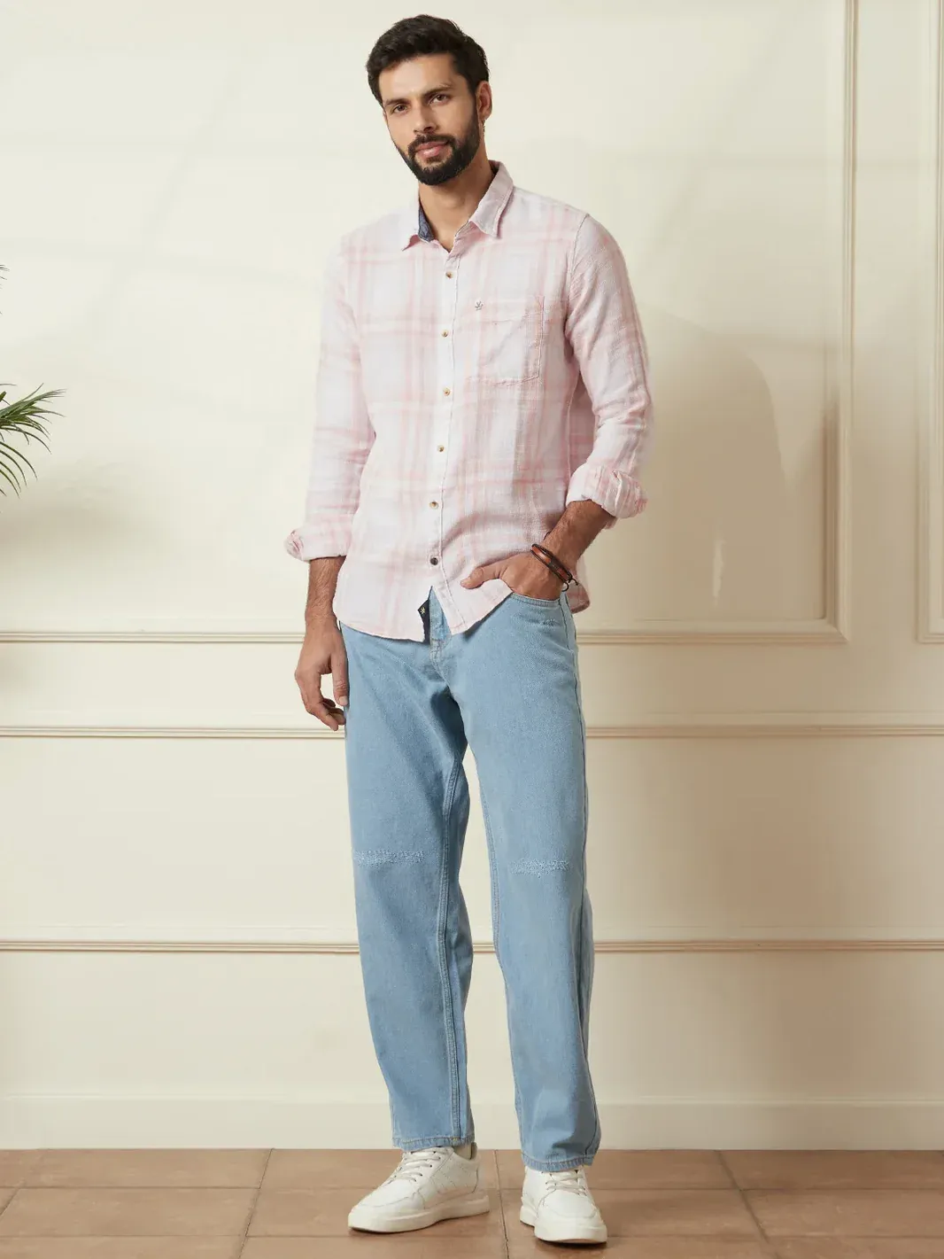 Men’s Soft Pink & White Checkered Casual Linen Shirt - Image 2