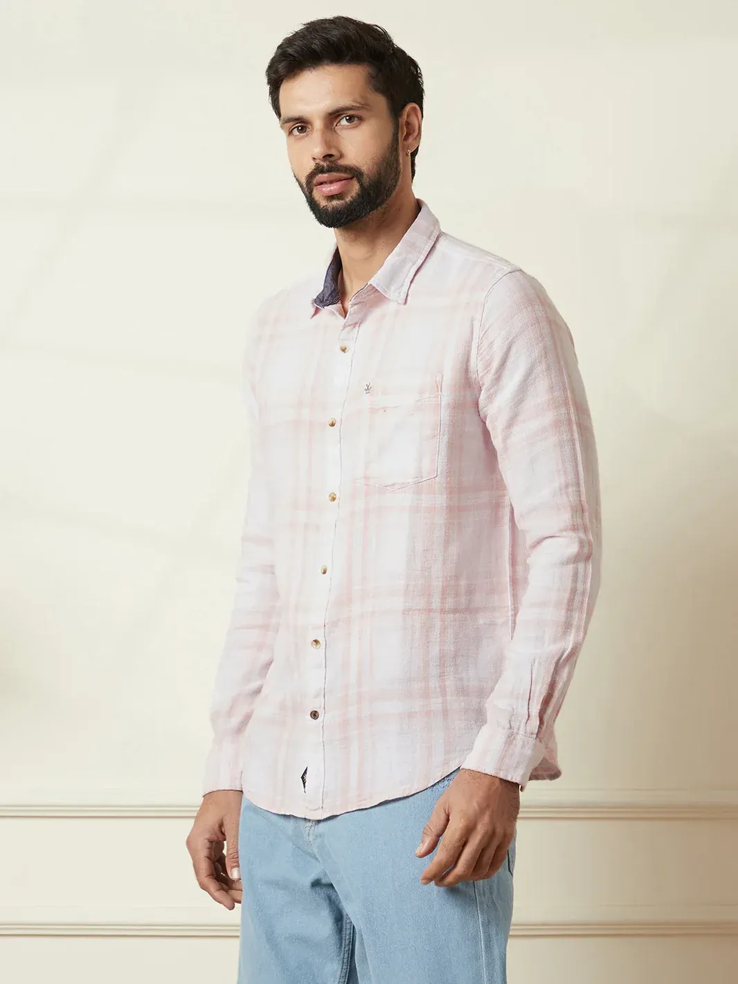 Men’s Soft Pink & White Checkered Casual Linen Shirt - Image 3