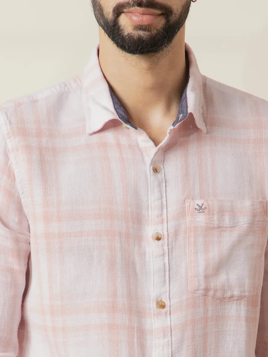 Men’s Soft Pink & White Checkered Casual Linen Shirt - Image 4