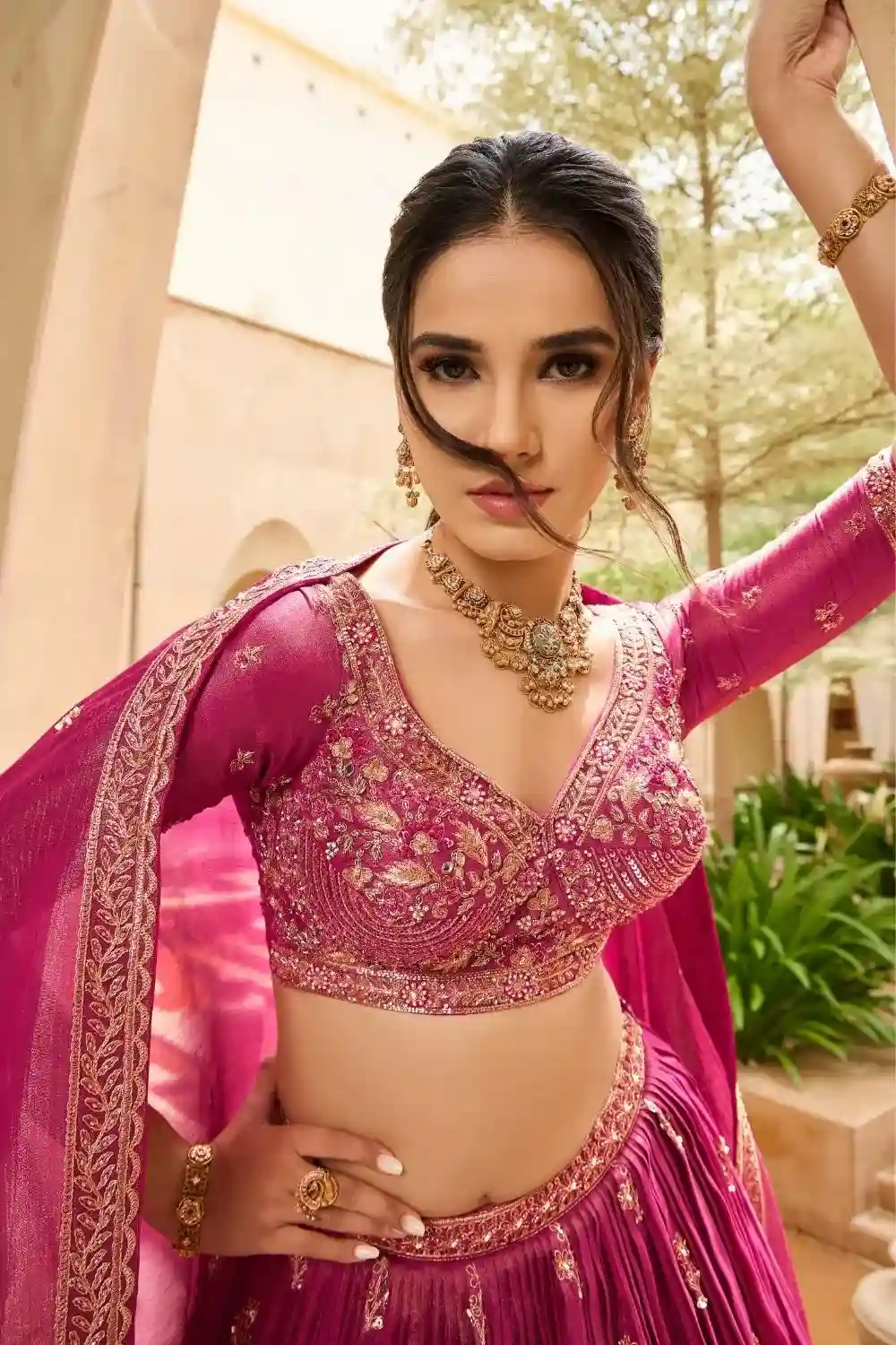 Majestic Rose Pink Embroidered Lehenga Choli – US Trend Couture Bridal Edition - Image 3