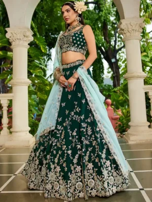 Royal Dark Green Floral Embroidered Lehenga Choli Set – A Regal Affair of Elegance