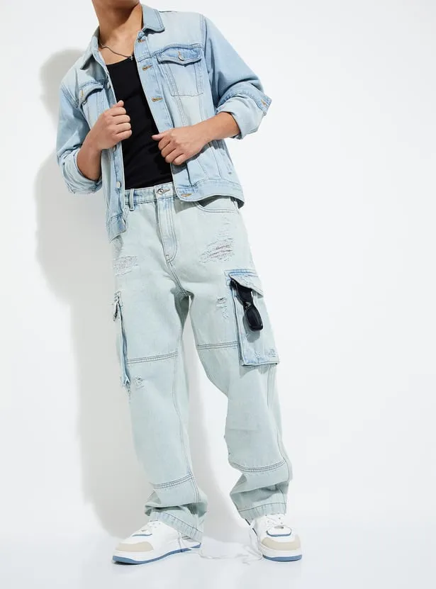 Skyline Cargo – Light Blue Distressed Denim Pants