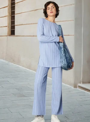 Light Blue Textured Wide-Leg Pants – Minimal Luxe Comfort for Everyday Style