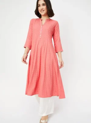 Coral Pink Textured A-Line Kurta – A Fresh Burst of Elegance