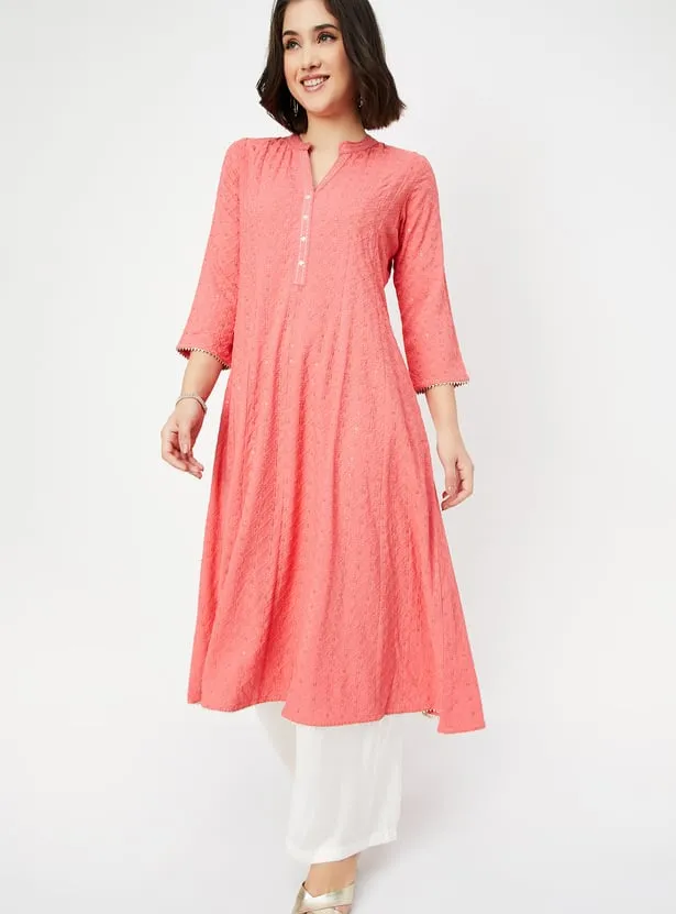 Coral Pink Textured A-Line Kurta – A Fresh Burst of Elegance