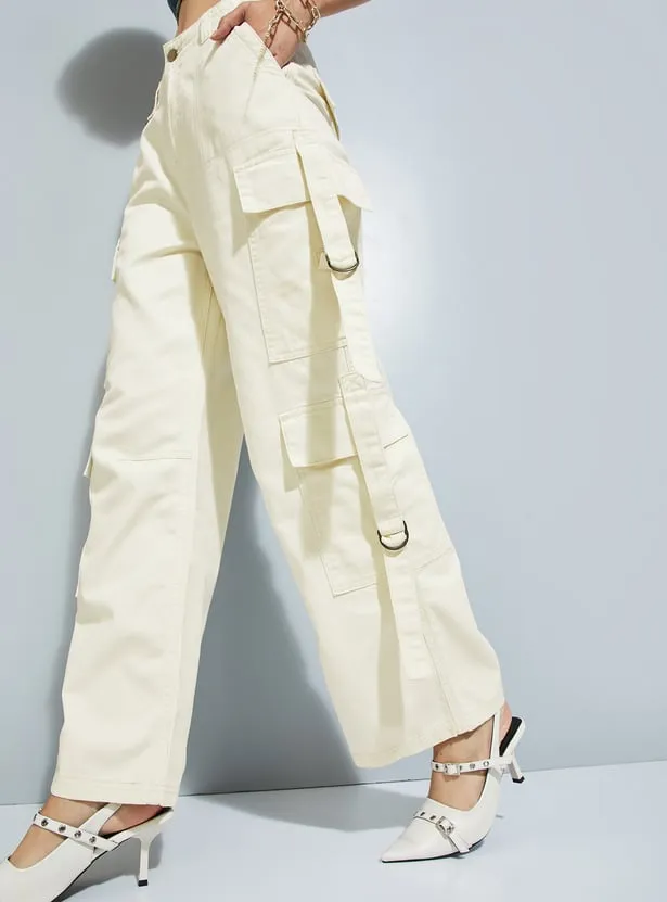 Ecru Wide-Leg Cargo Pants – Multi-Pocket Utility Trousers with Side Straps - Image 3