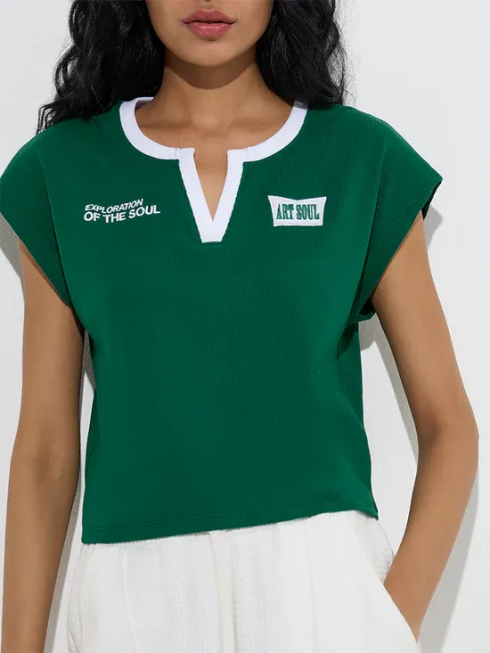 Women’s Green “Art Soul” Graphic V-Slit Neck T-Shirt - Image 2