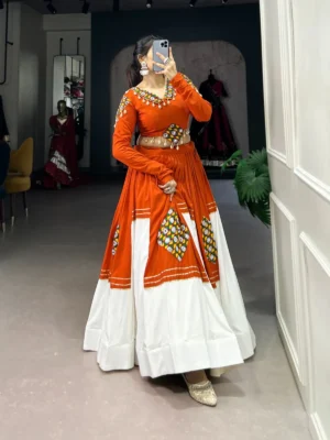 Designer Orange & White Chaniya Choli with Mirror & Thread Embroidery