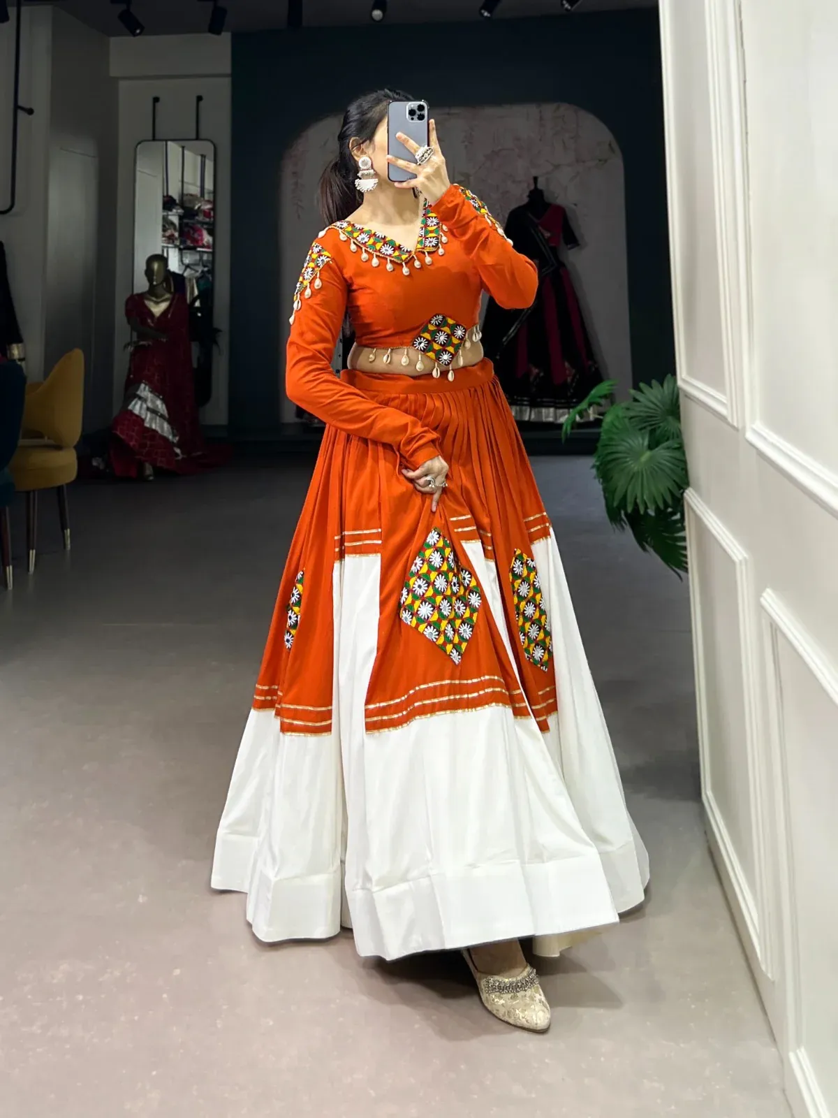 Designer Orange & White Chaniya Choli with Mirror & Thread Embroidery