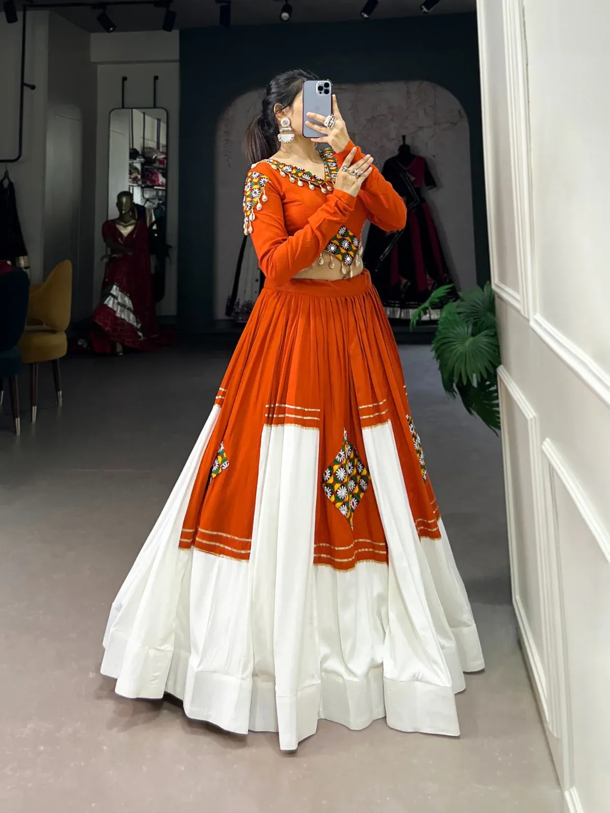 Designer Orange & White Chaniya Choli with Mirror & Thread Embroidery - Image 4