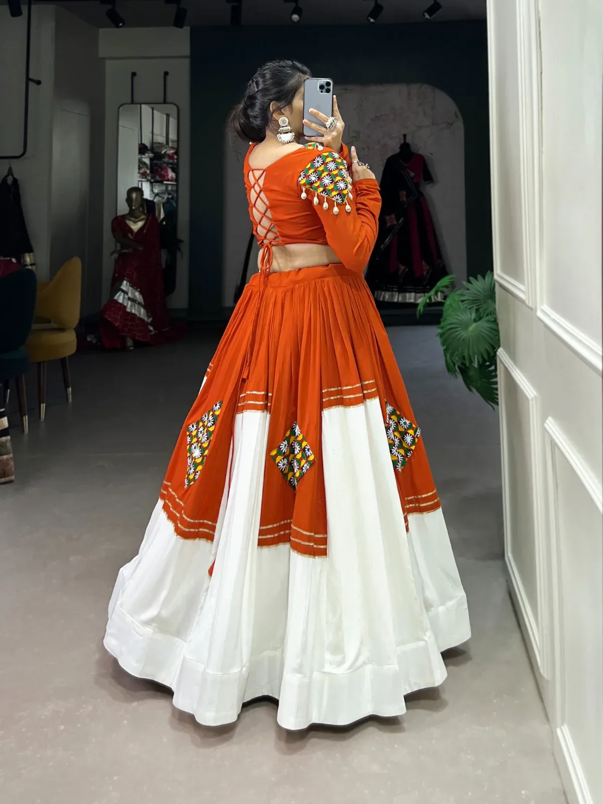 Designer Orange & White Chaniya Choli with Mirror & Thread Embroidery - Image 2