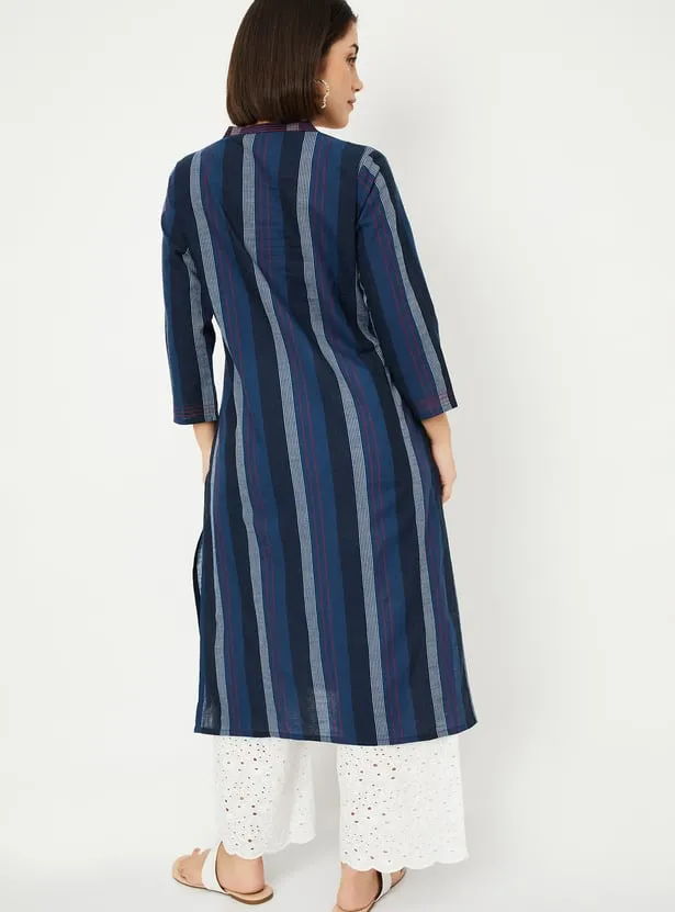 Navy Handloom-Inspired Striped Kurta – Effortless Tradition with a Modern Edge - Image 5